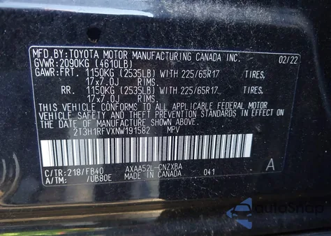 2022 Toyota Rav4 Le из США, поврежденный, VIN 2T3H1RFVXNW191582